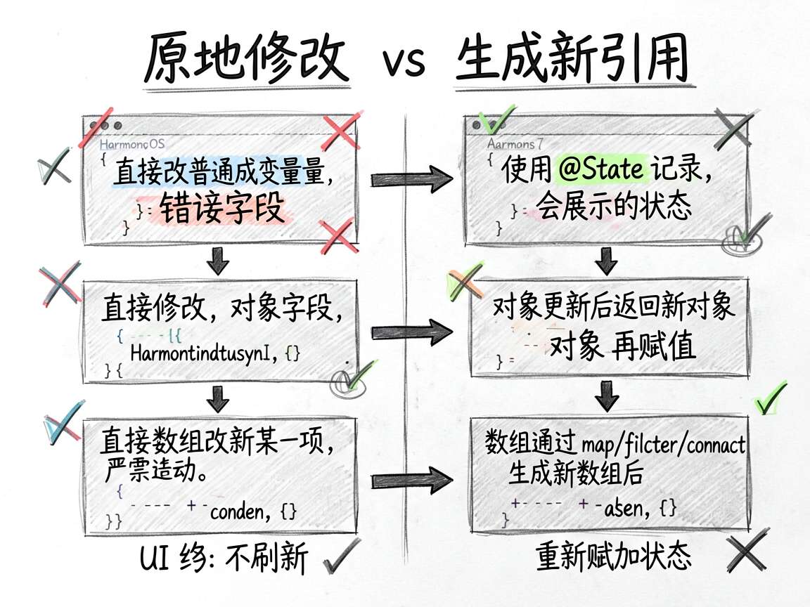 为一篇讲解 HarmonyOS7 ArkTS 状态刷新为什么没动静的中文文章绘制一张 sketch-