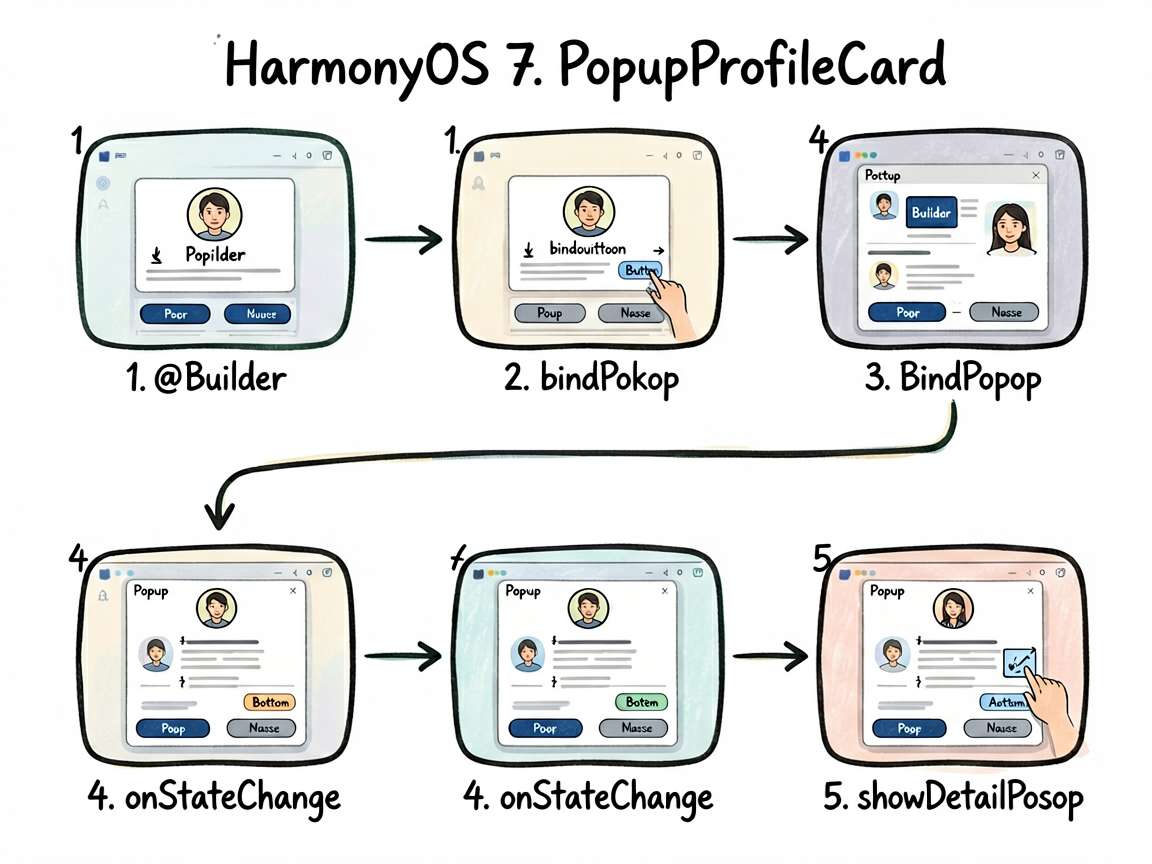 手绘流程图风格，主题是 HarmonyOS7 中 PopupProfileCard 的交互流程。画面