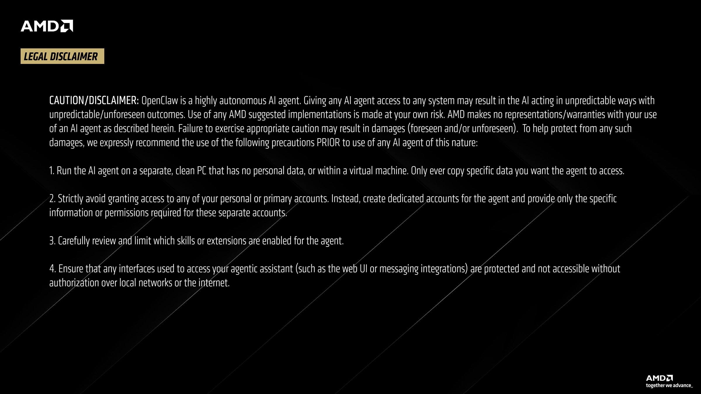 法律免责声明，列举了人工智能代理的危险和风险