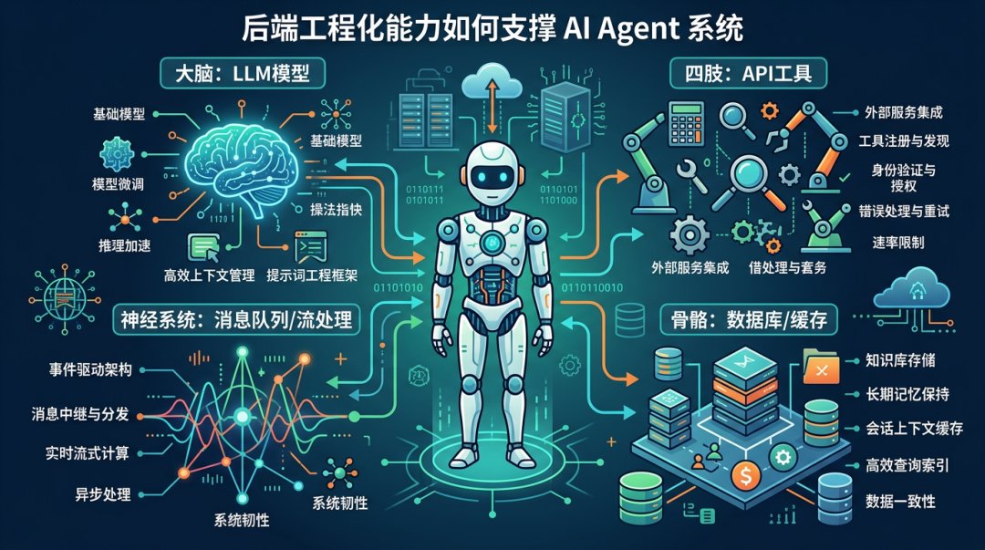 一张信息图，展示后端工程化能力如何支撑AI Agent系统：大脑（LLM模型）、四肢（API工具）、神经系统（消息队列/流处理）、骨骼（数据库/缓存）。