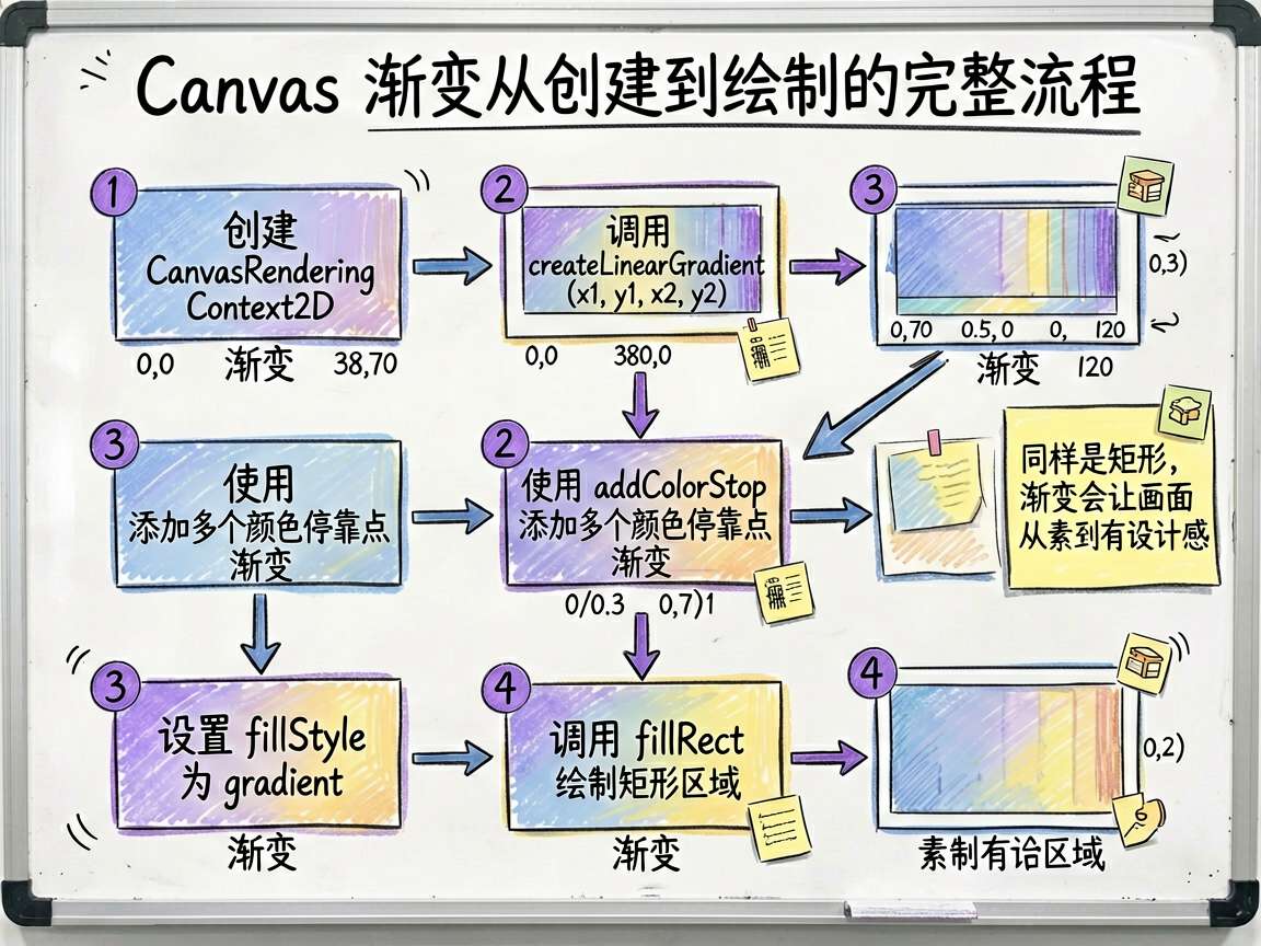 为一篇 HarmonyOS7 Canvas 教程生成一张手绘流程框架图,主题是“Canvas 渐变从
