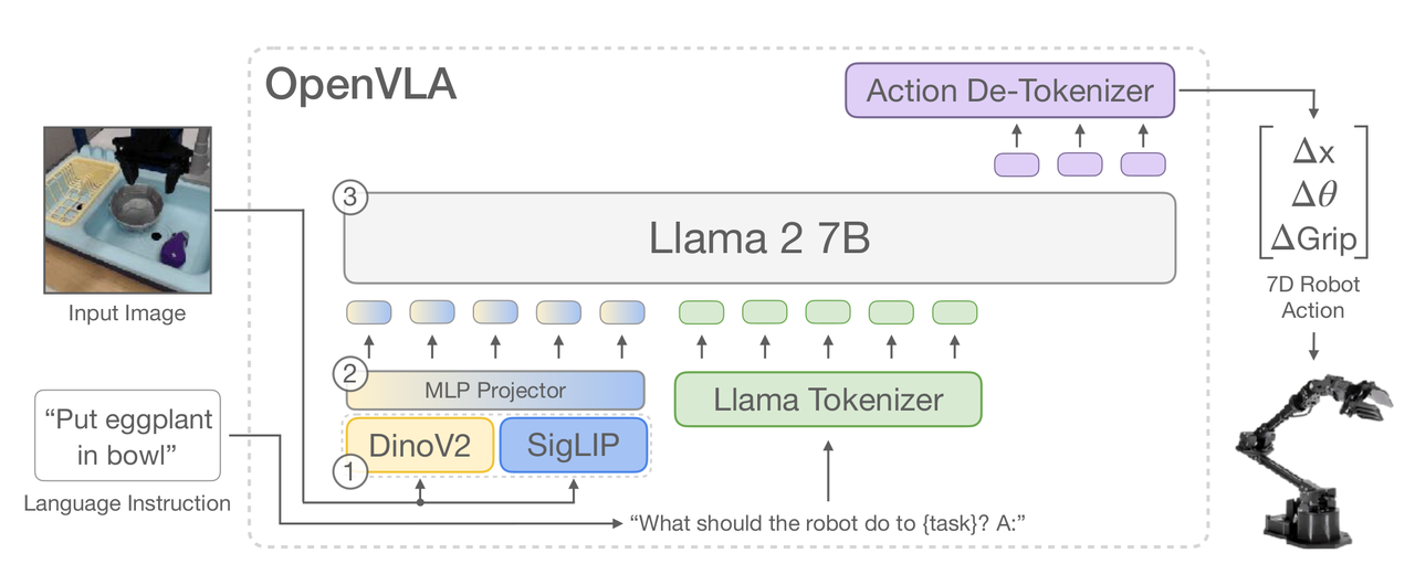 OpenVLA architecture: Llama-2-7B + DINOv2 + SigLIP fused vision