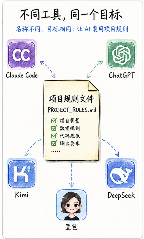 不同 AI 工具可以通过项目规则文件实现相似目标：让 AI 复用项目规范