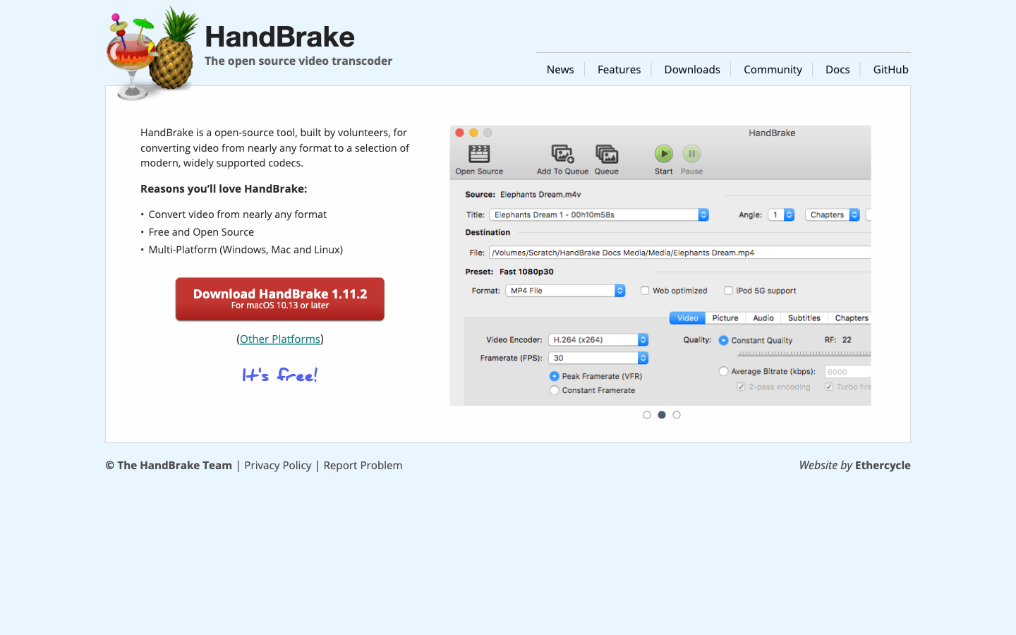 HandBrake 官网首页,一款有着数十年历史的免费开源视频转码工具,界面朴素、下载转换流程一目了然