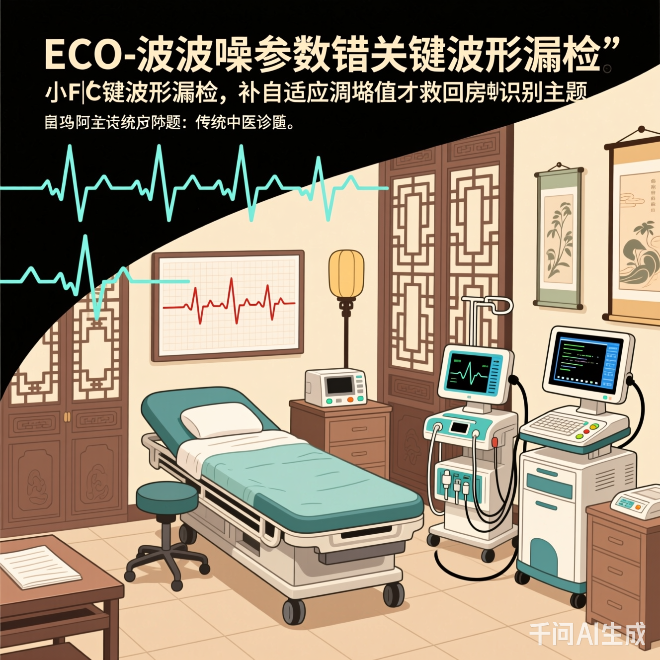 传统中医诊室与数字化医疗设备并存的插画