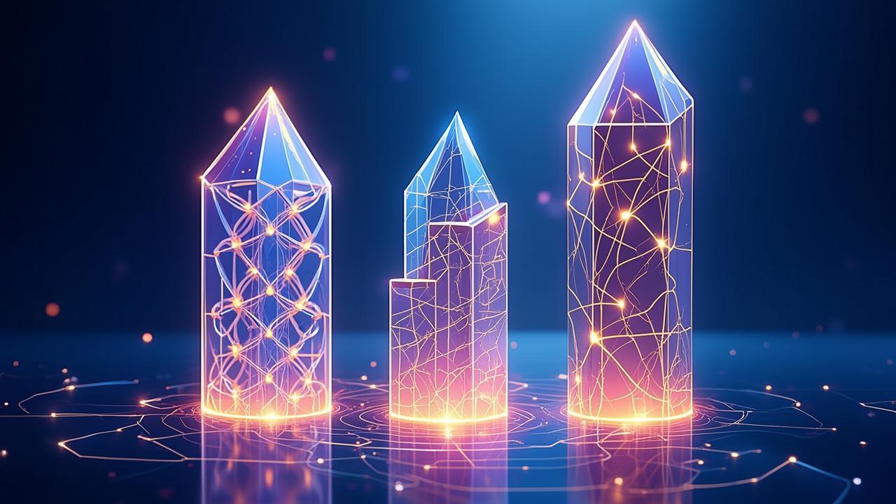 Three translucent crystalline pillars rising from 