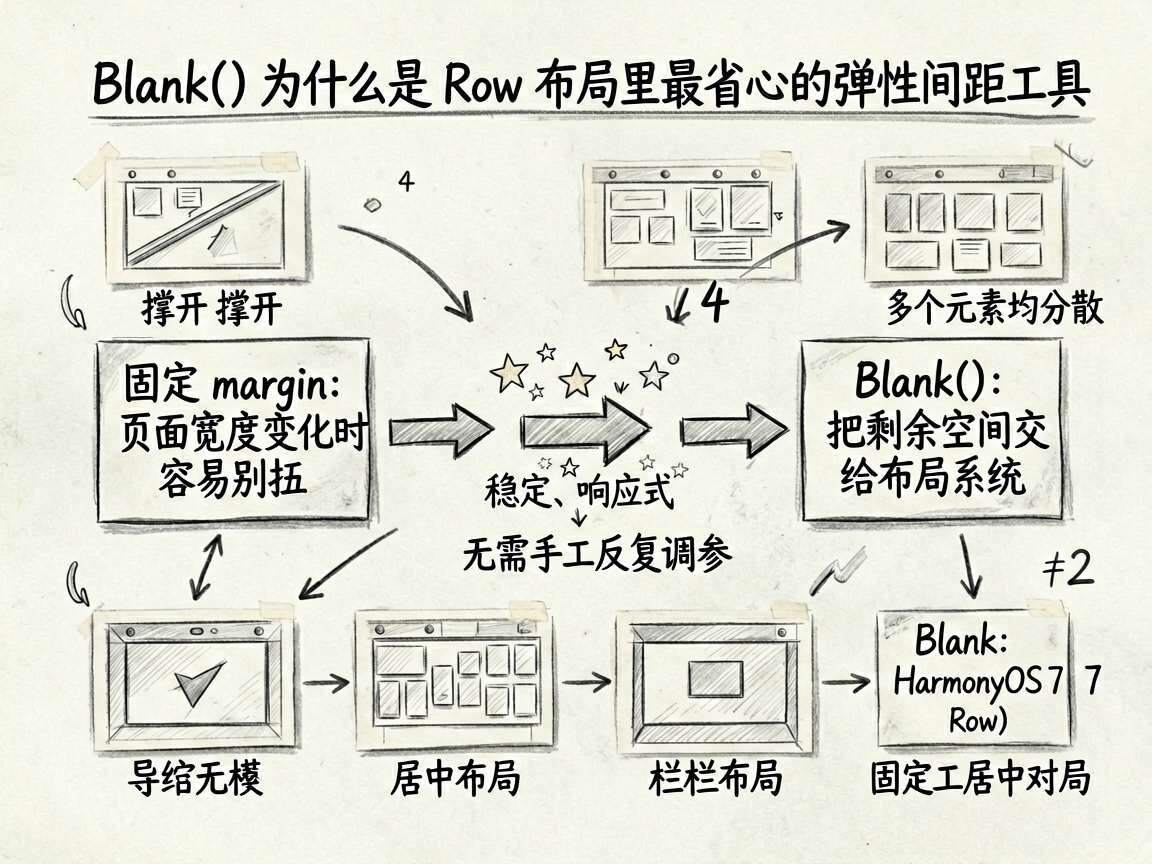 为一篇 HarmonyOS 7 教程绘制手绘笔记风框架示意图,主题是“Blank() 为什么是 Ro