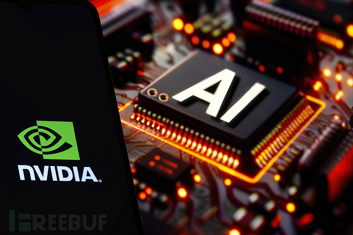 美国,2024年2月15日,手机上的NVIDIA标志与背景模糊的AI芯片