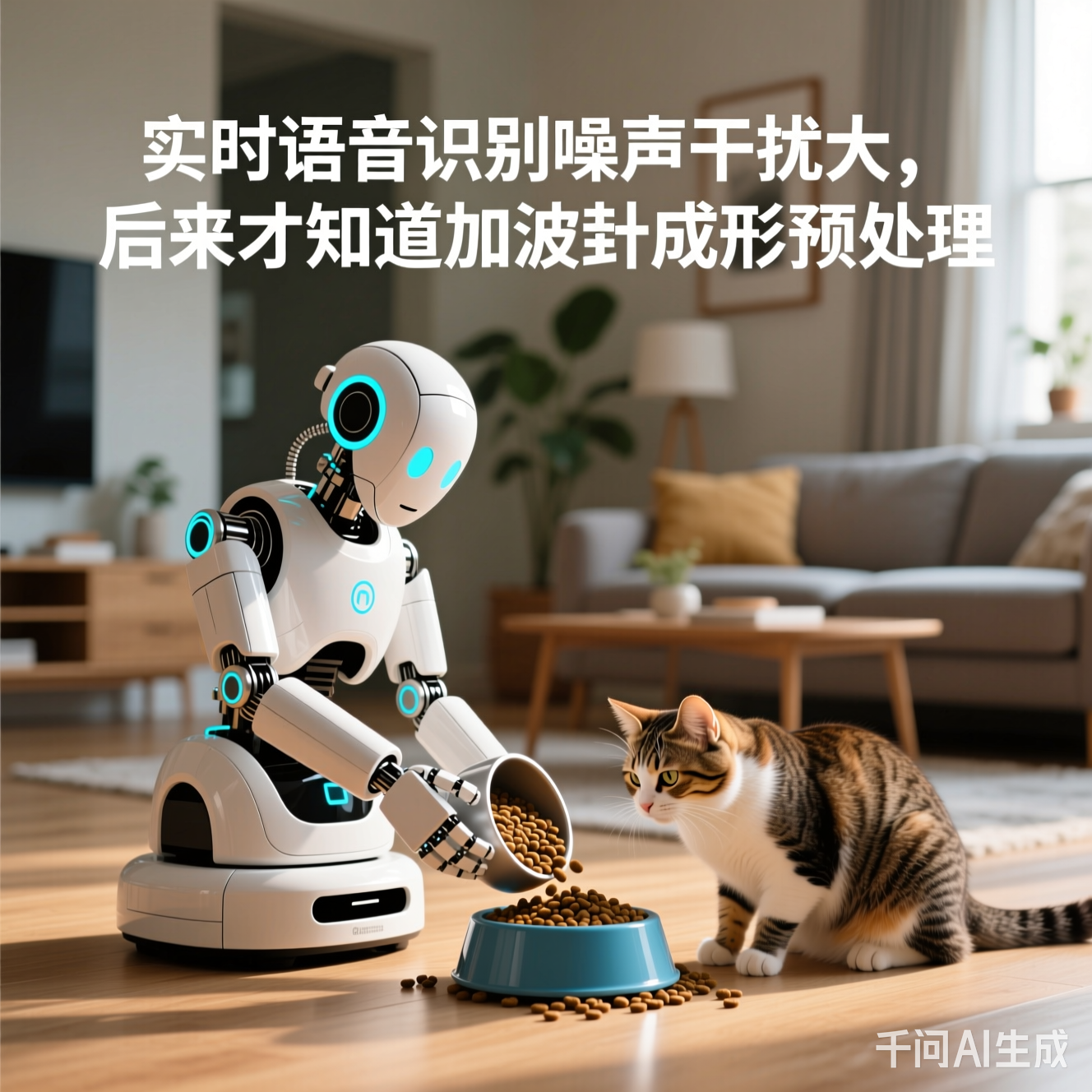 智能家居场景图：机器人正在给猫咪倒猫粮