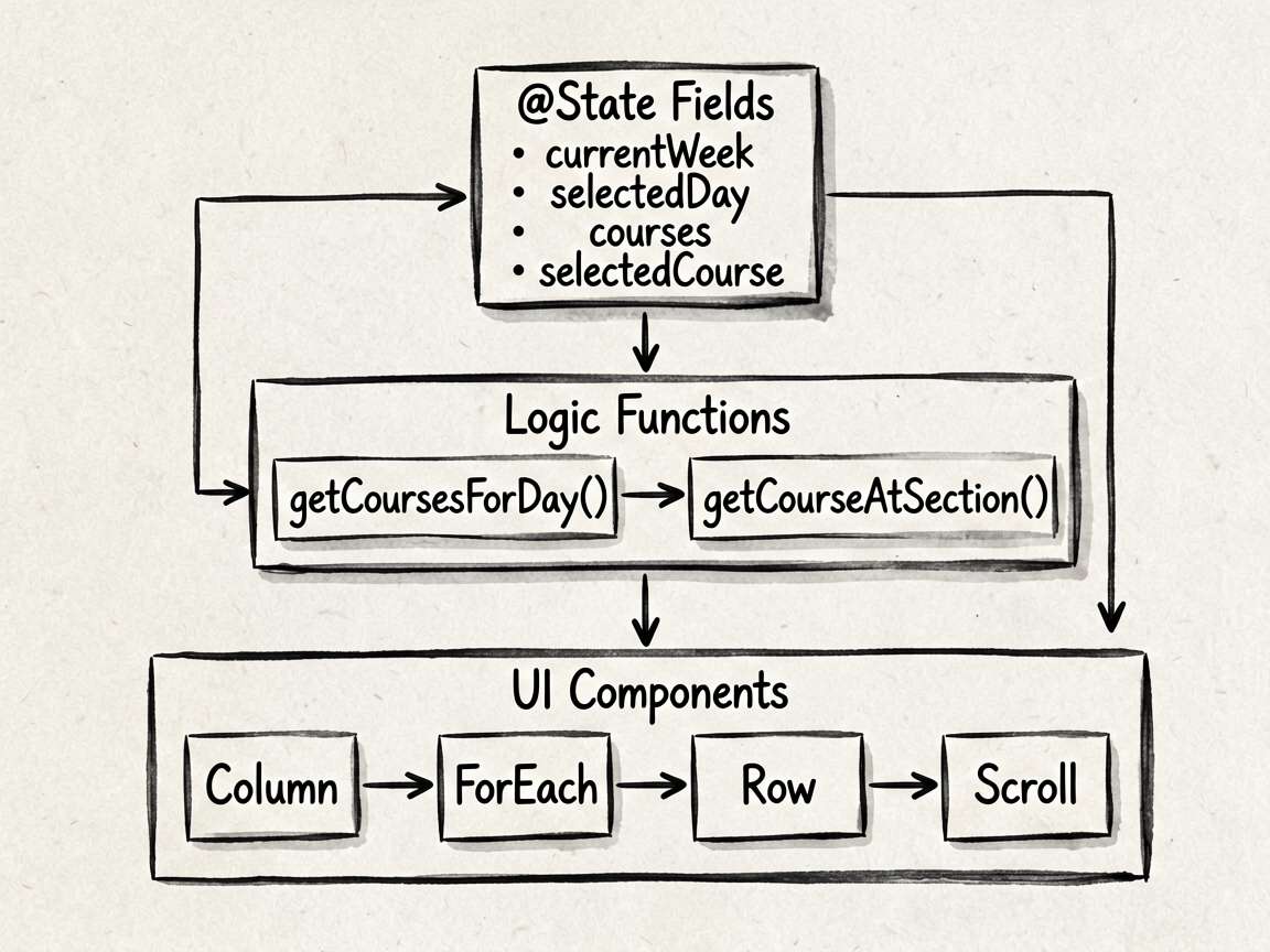 Ink-style architectural flowchart for ArkUI state-