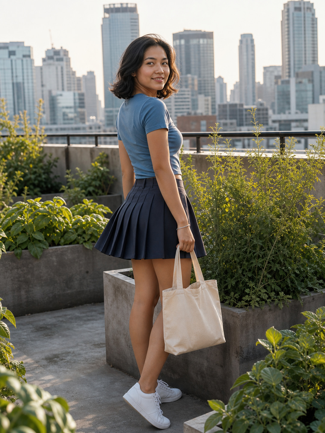 建筑展中的蓝灰成年百褶裙时装