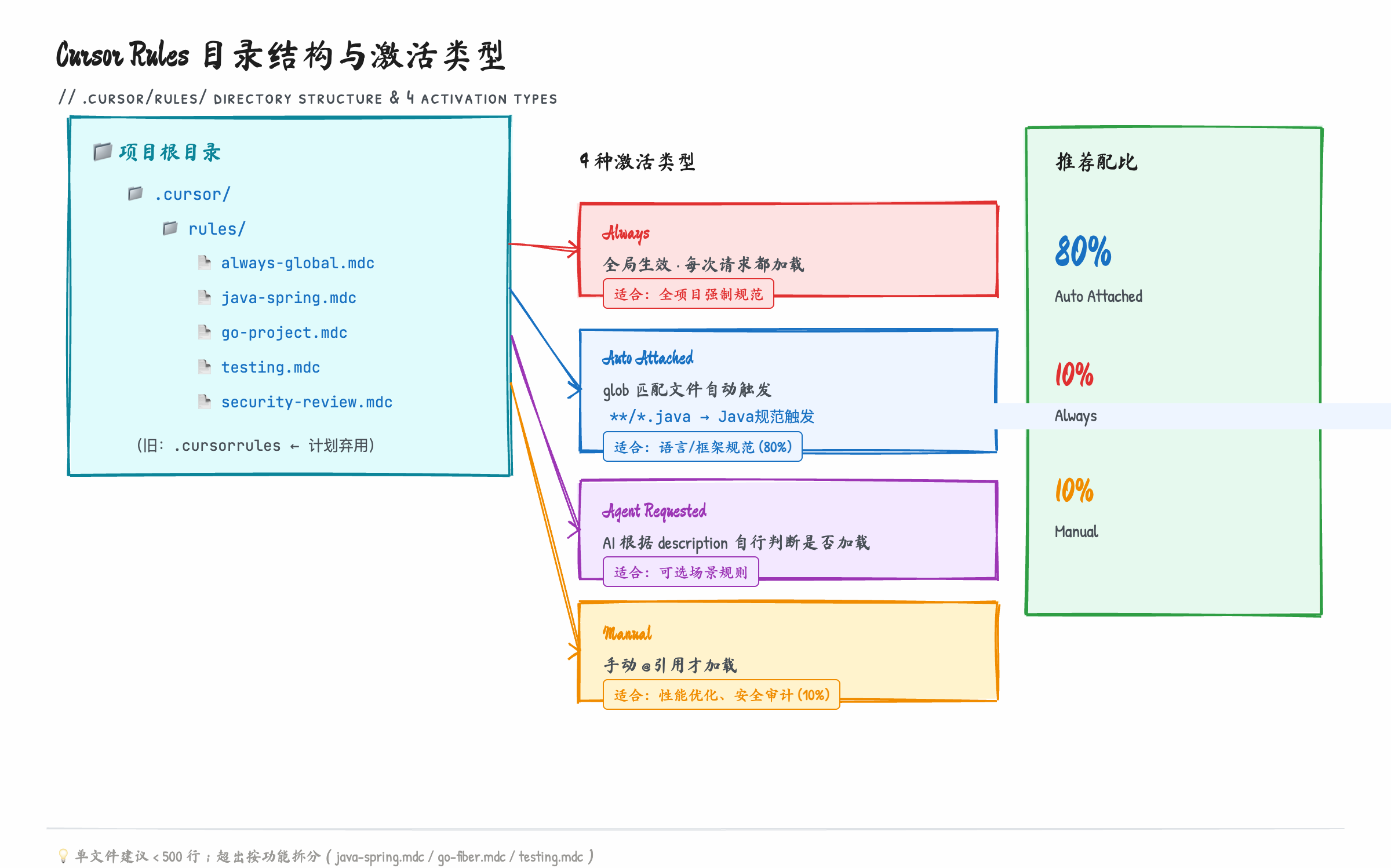Cursor Rules 目录结构与 4 种激活类型关系图