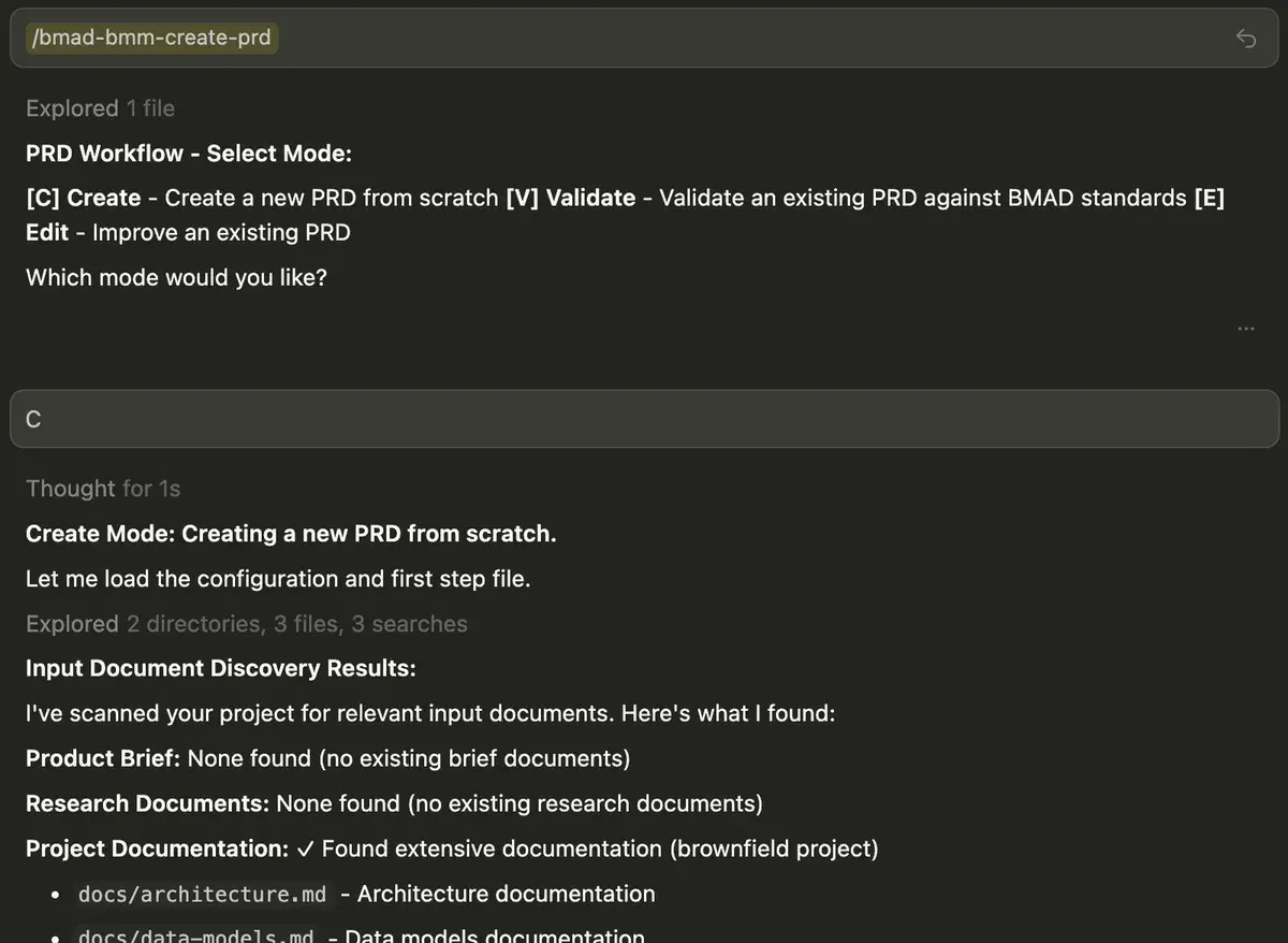 /bmad-bmm-create-prd - 带模式选择的 PRD 创建工作流。