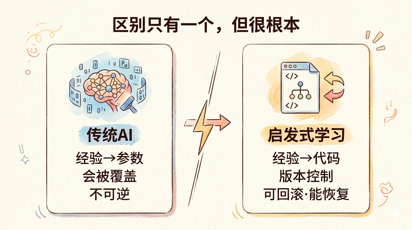 核心对比:传统AI vs 启发式学习,参数 vs 代码