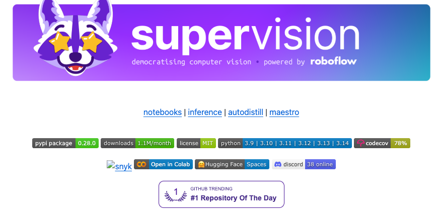 supervision 项目主页截图：Roboflow 出品，"democratising computer vision" 标语，PyPI v0.28.0，月下载量 1.1M，MIT 许可，Python 3.9-3.14 全支持，GitHub Trending 日榜第一，支持 Colab / Hugging Face Spaces / Discord