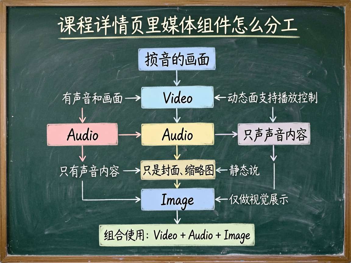 为一篇介绍 HarmonyOS 7 媒体组件选型的技术教程绘制一张手绘笔记风格流程图,主题是“课程详