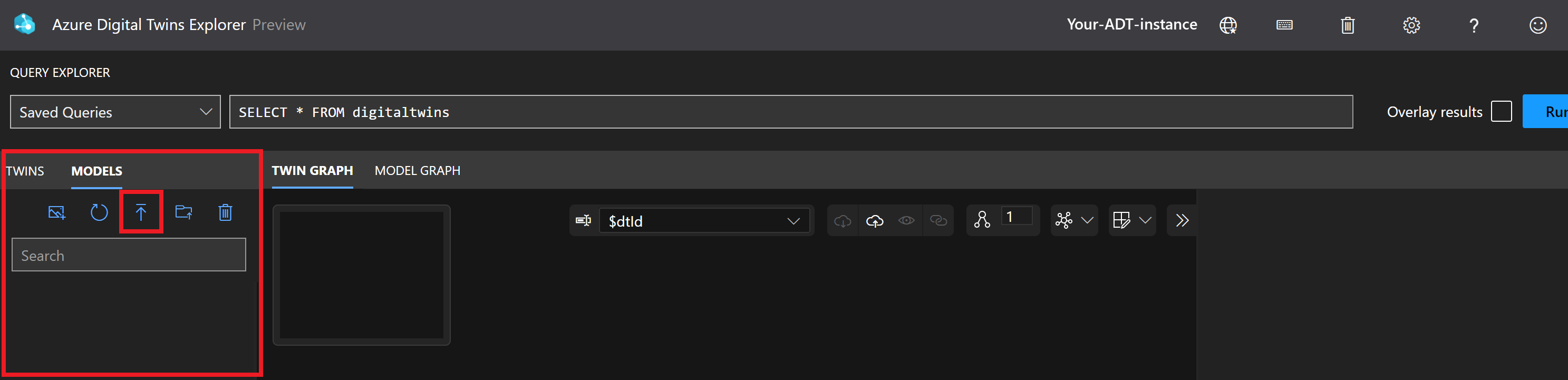 Azure Digital Twins Explorer 的屏幕截图,其中突出显示“模型”面板和“上传模型”图标。