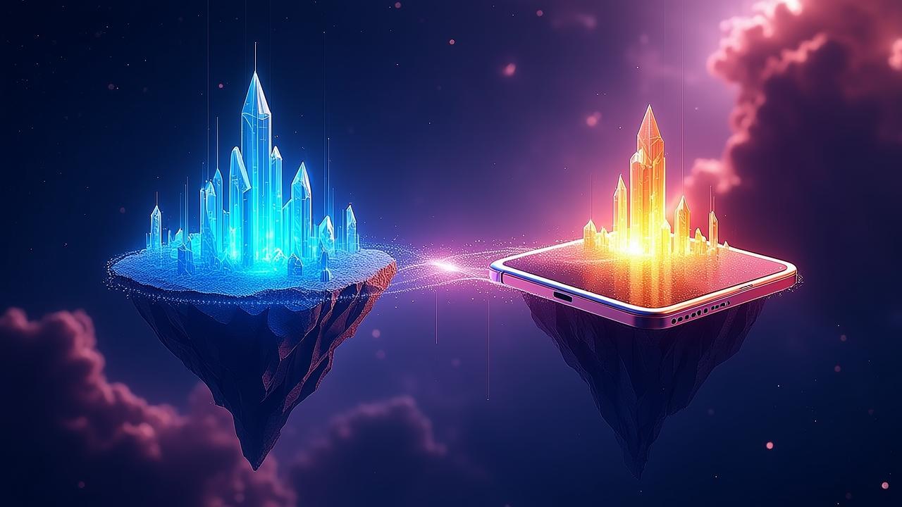 A luminous digital bridge made of flowing light pa