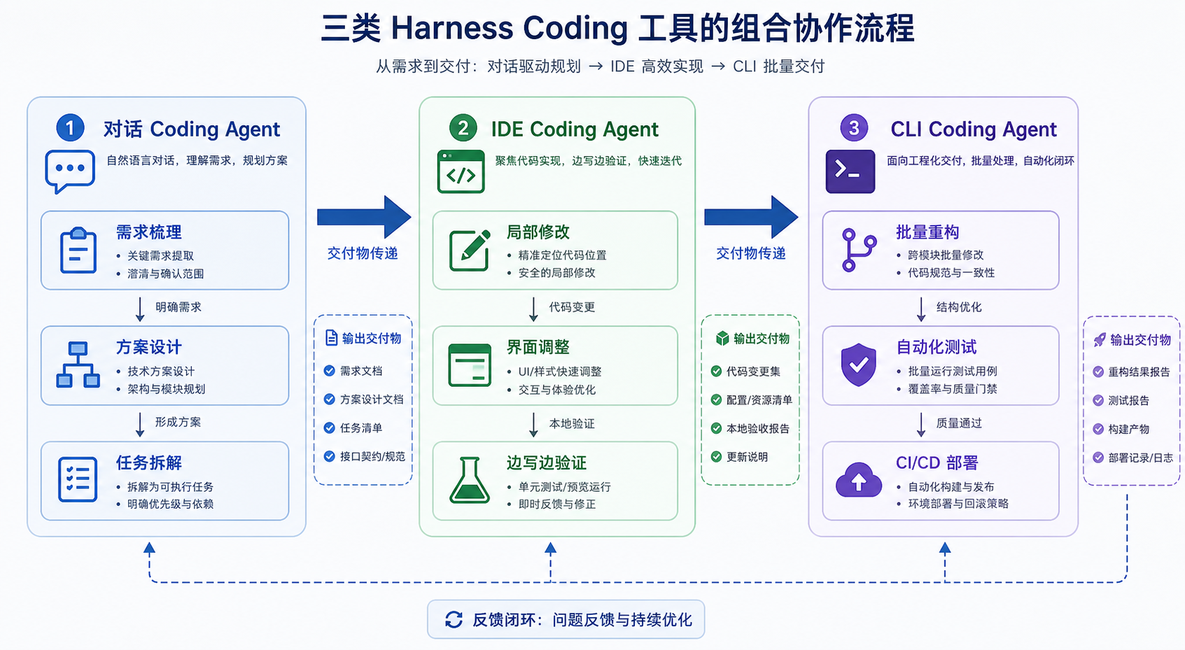 三类Harness Coding工具的组合协作流程