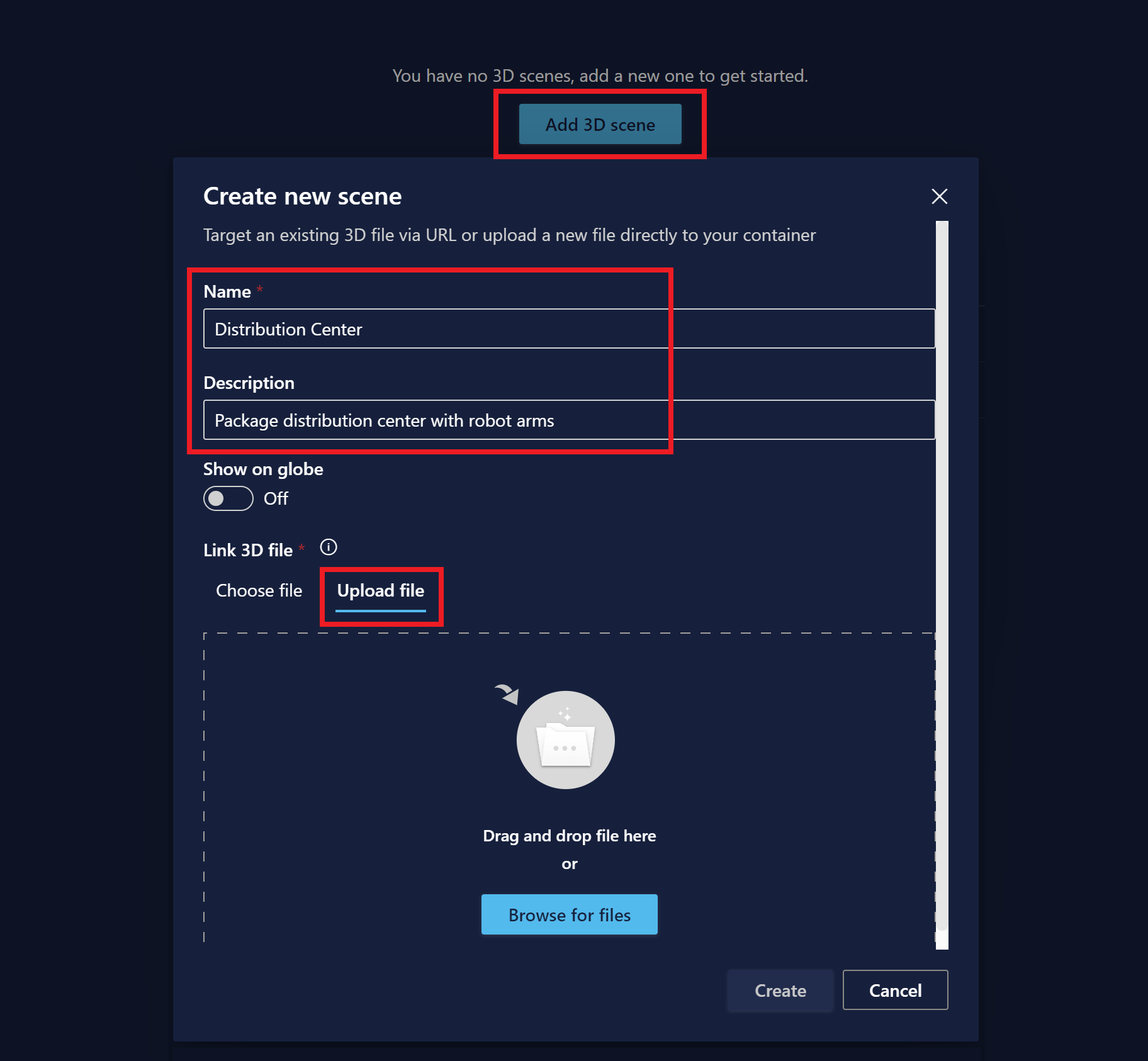 在 3D 场景工作室中创建新场景过程的屏幕截图。