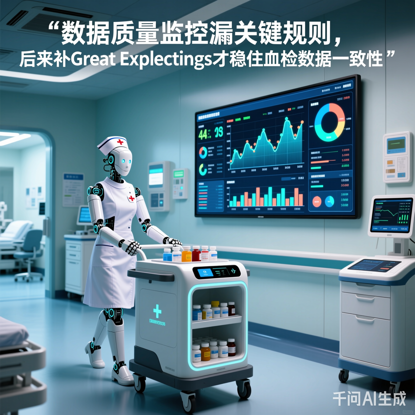 未来医院场景:机器人护士推着智能药车,墙上电子屏显示着动态健康数据流