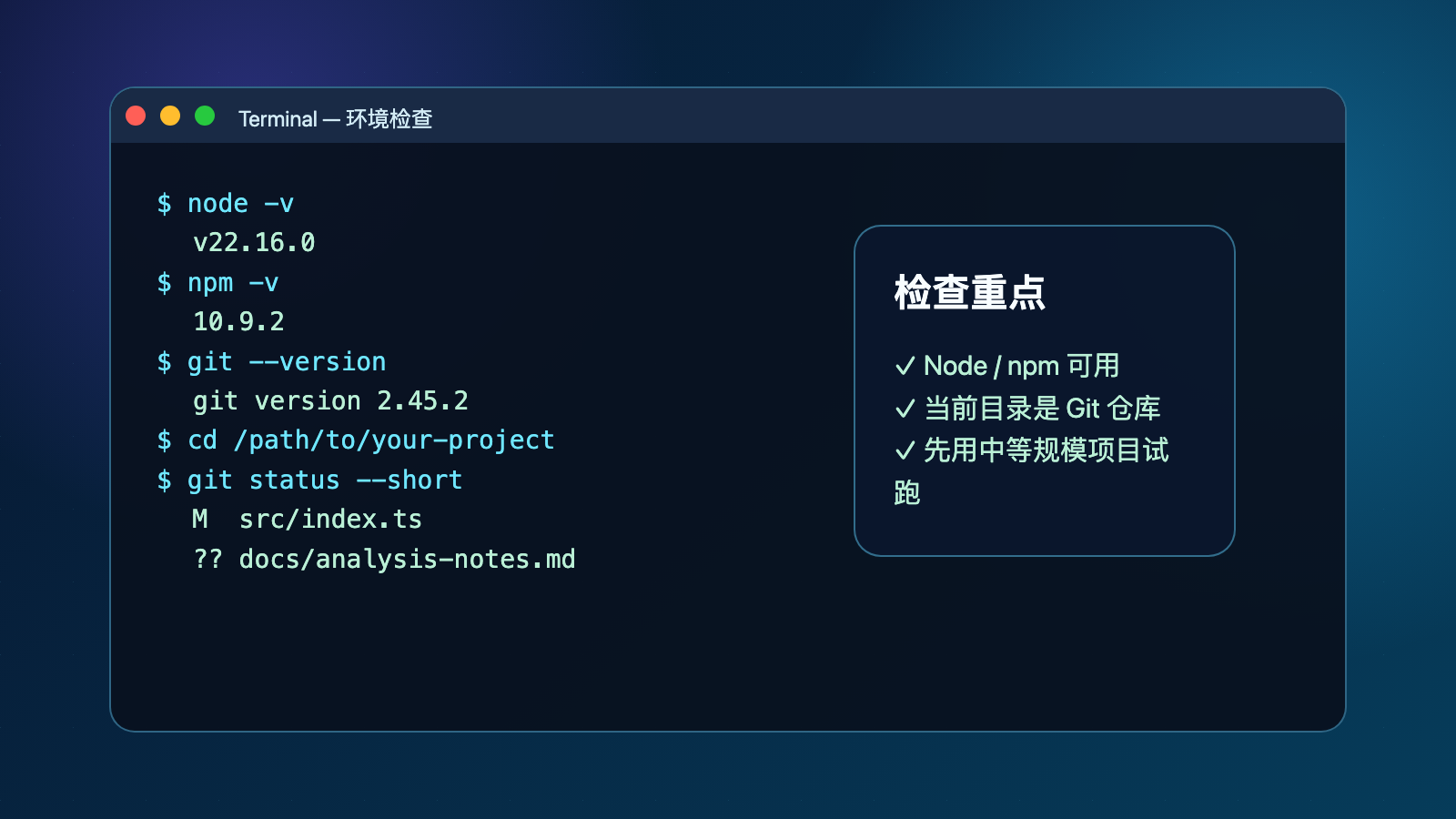 终端检查 Node npm Git 和目标 Git 仓库状态