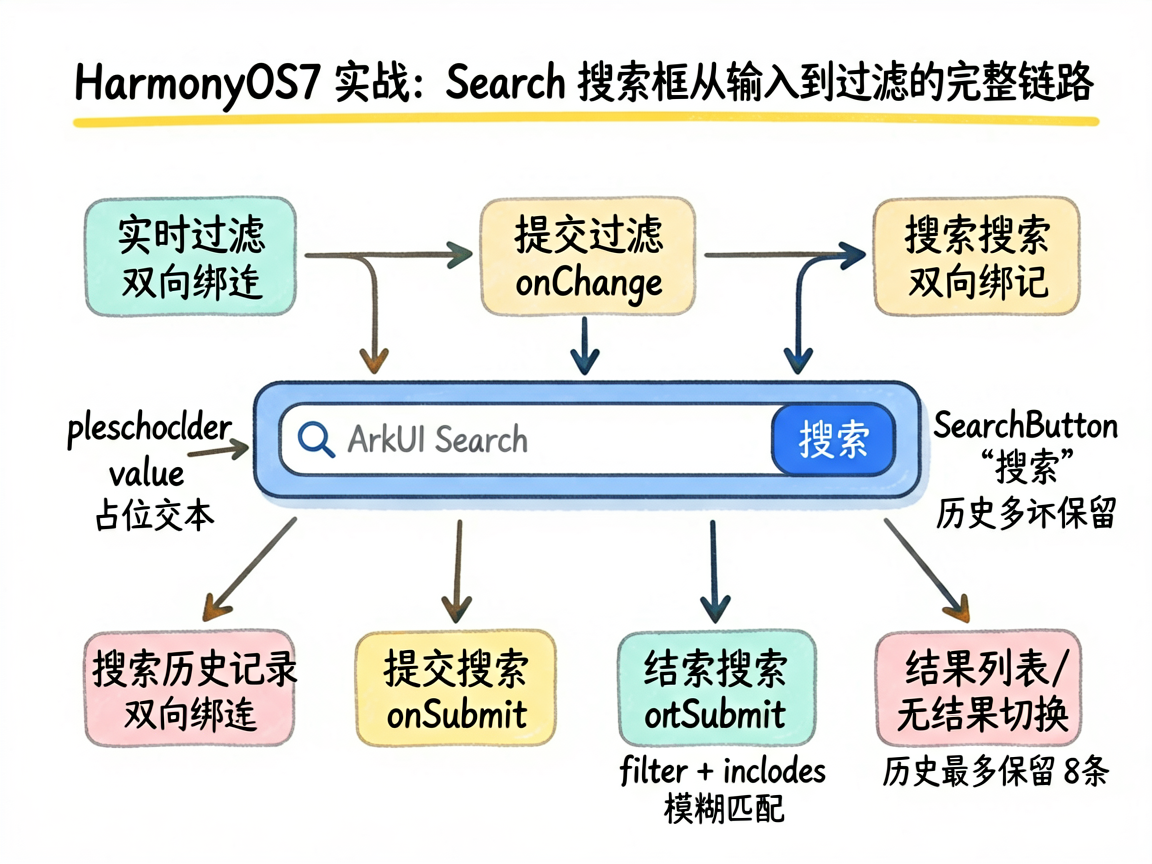 为一篇中文技术教程文章绘制一张手绘笔记风格的信息图,主题是“HarmonyOS7 实战:Search