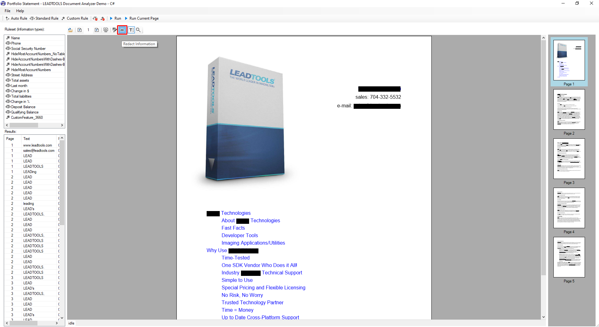 LEADTOOLS 文档分析器演示显示运行 Redact 规则集后的结果