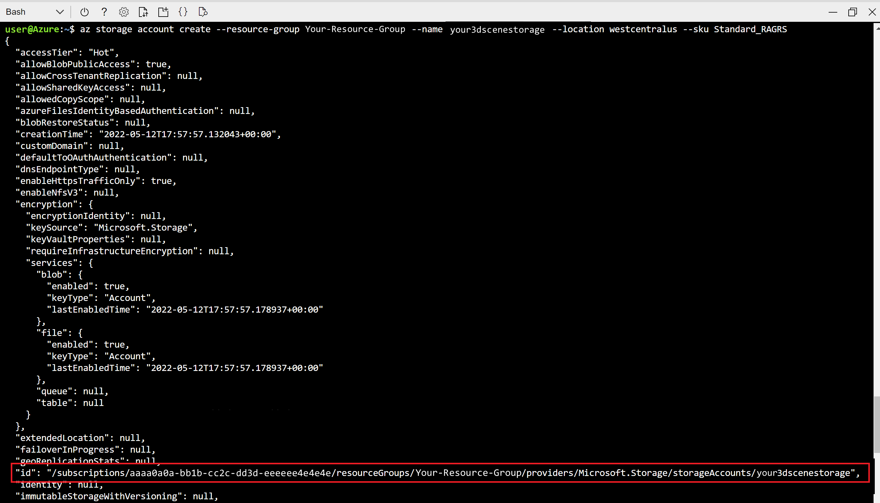 Cloud Shell 输出的屏幕截图。存储帐户的 ID 突出显示。