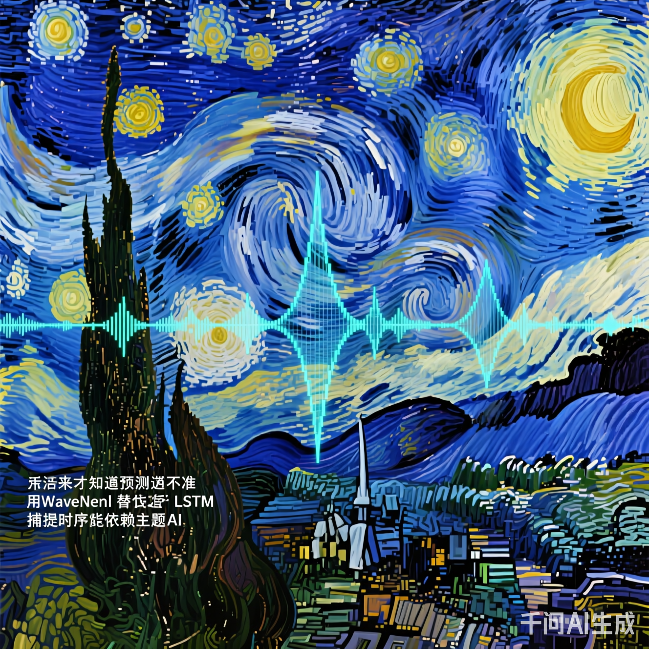 AI生成的音乐波形图与梵高星空画作的合成图