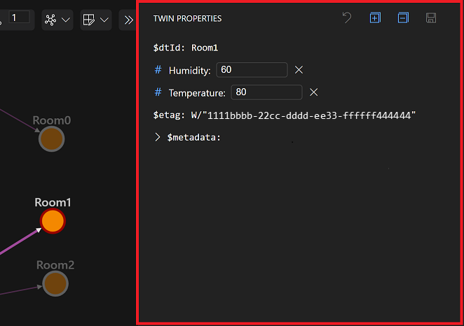 突出显示“孪生体属性”面板的 Azure Digital Twins Explorer 的屏幕截图,其中显示了 Room1 的 $dtId、Temperature 和 Humidity 属性。