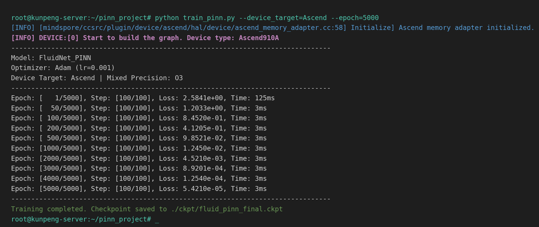 图 3:基于 MindSpore 框架的 PINN 模型在昇腾 NPU 上的训练日志
