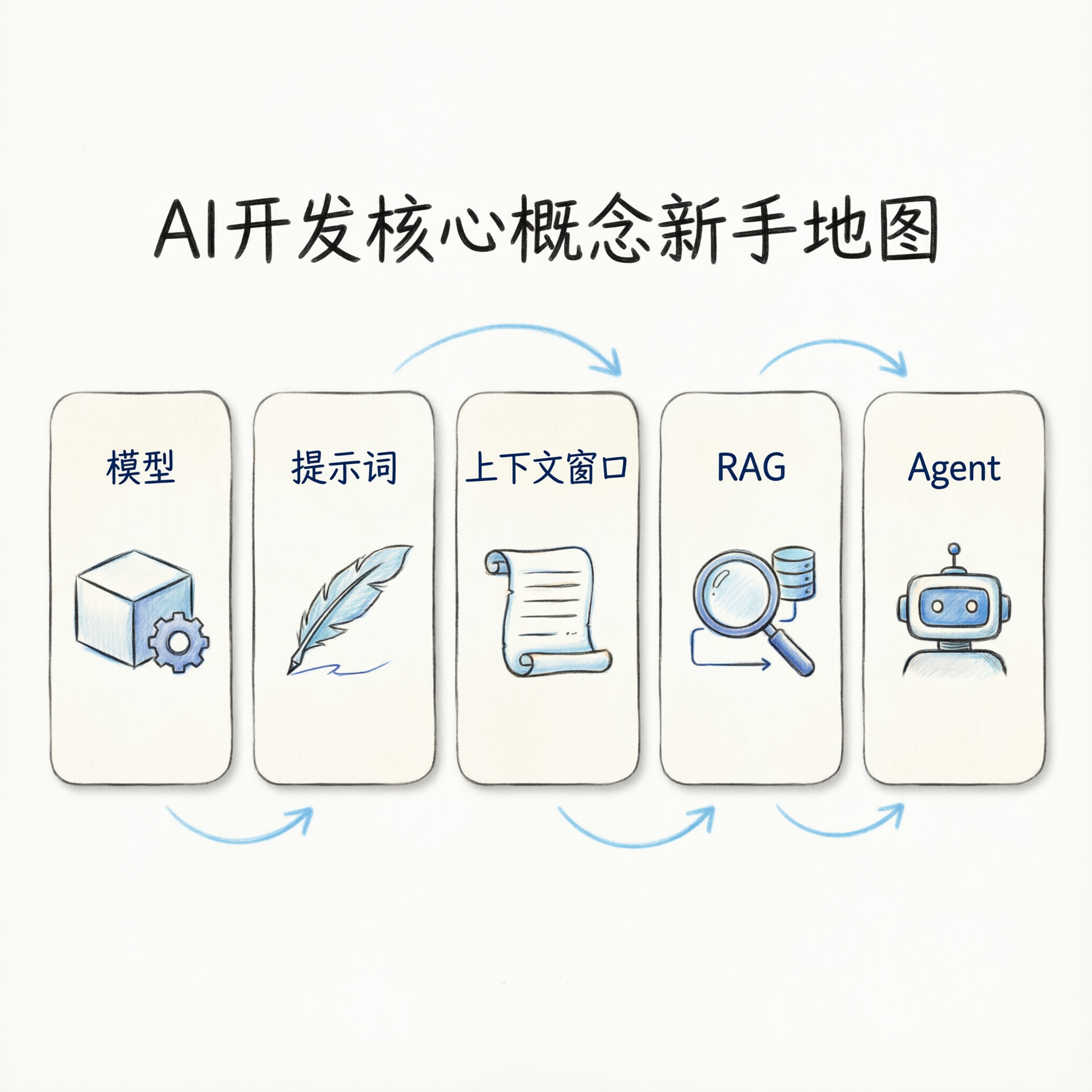模型提示词上下文窗口RAG和Agent五个概念的手绘信息图