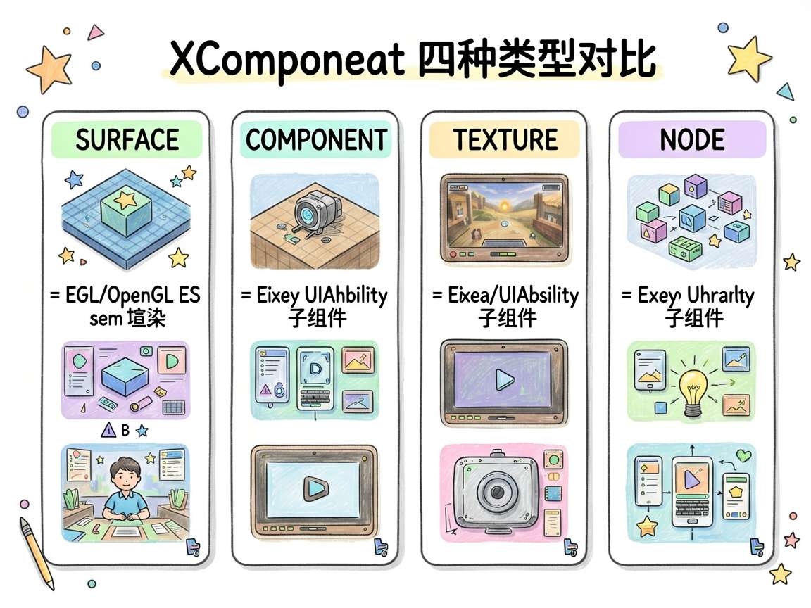 一张手绘笔记风格的对比信息图,主题是“XComponent 四种类型对比”。画面用四列卡片/小贴纸展