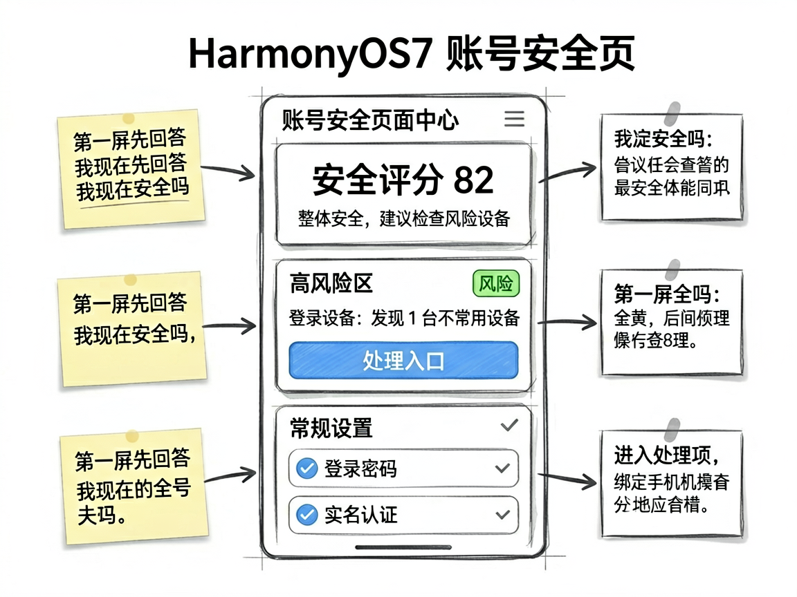 一张 skecth-notes 风格的框架型信息图，主题是 HarmonyOS7 账号安全页的信息层