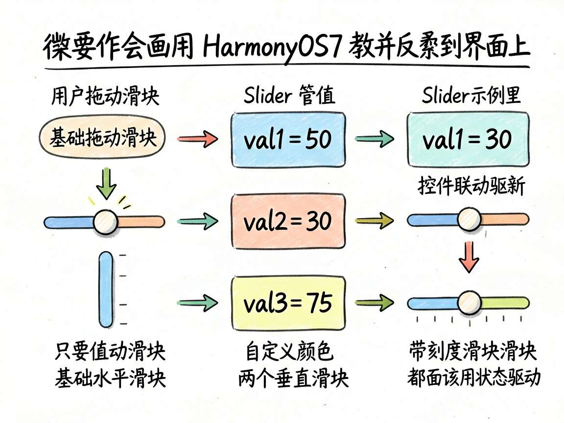 一张面向 HarmonyOS7 教程的 sketch-notes 手绘信息图，重点解释 Slider