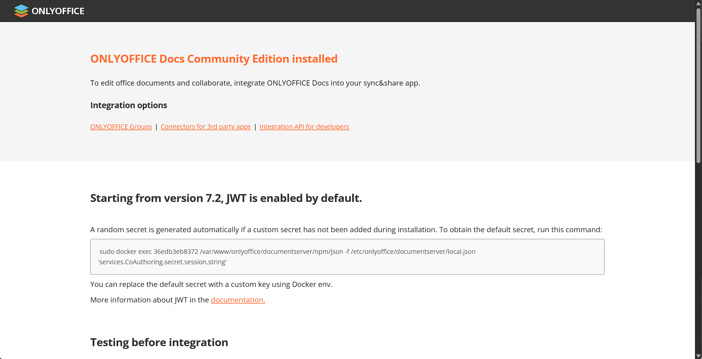 ONLYOFFICE 欢迎页：Community Edition 安装成功，含 JWT 说明