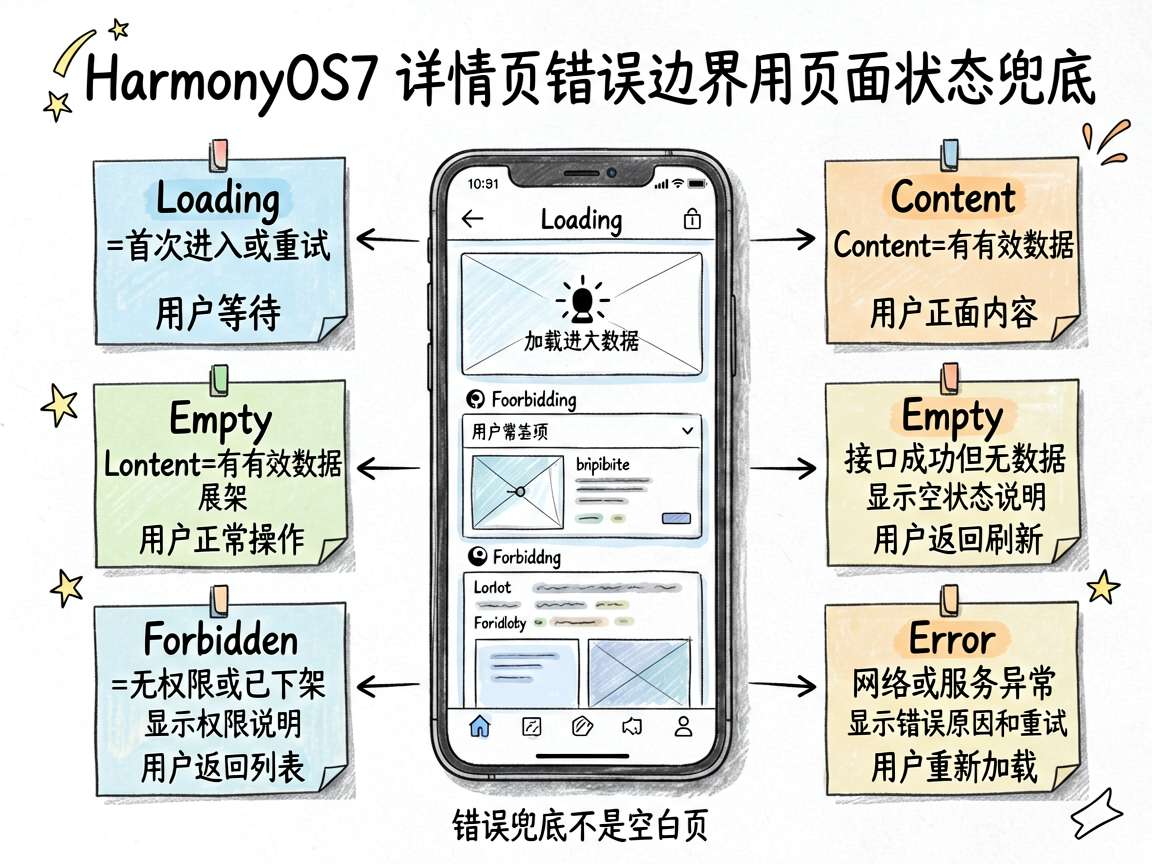 一张适合中文技术文章的手绘笔记风信息图,主题是“HarmonyOS7 详情页错误边界用页面状态兜底”