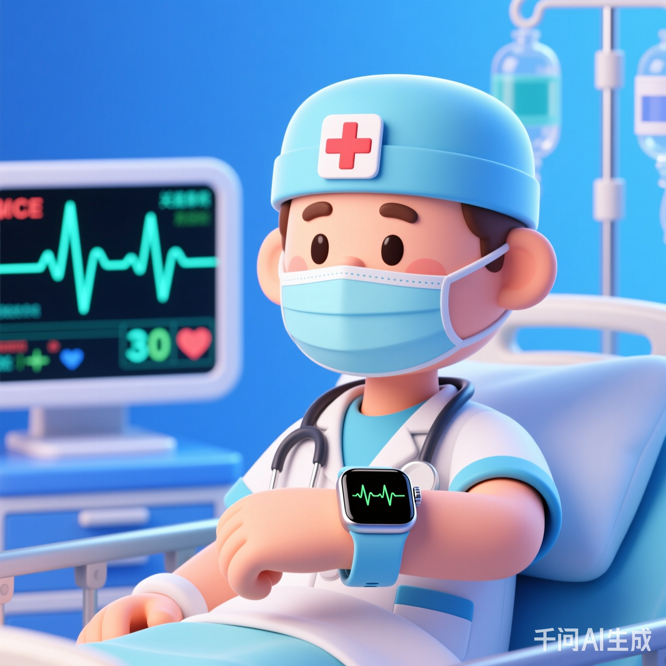 戴着智能手表的卡通病人