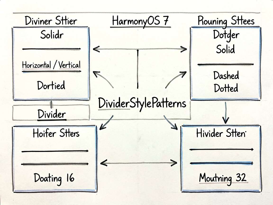 为一篇 HarmonyOS7 技术教程绘制手绘笔记风框架图,主题是 Divider 的三类能力:方向