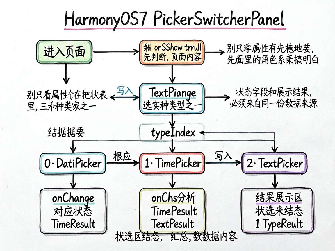 把文章中的交互逻辑画成一张手绘流程图，主题为 HarmonyOS7 PickerSwitcherPa