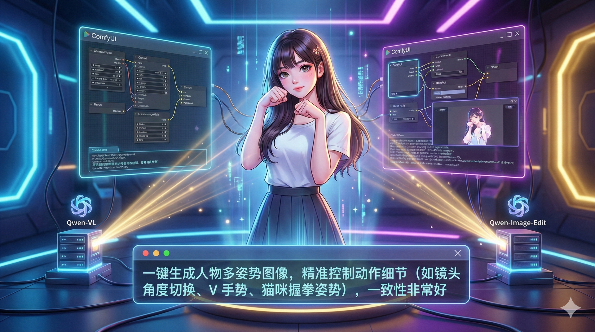 「一句话改姿势」：用中文指令精准编辑人物动作的 ComfyUI 工作流（基于 Qwen-VL和QwenImageEdit）封面图.png