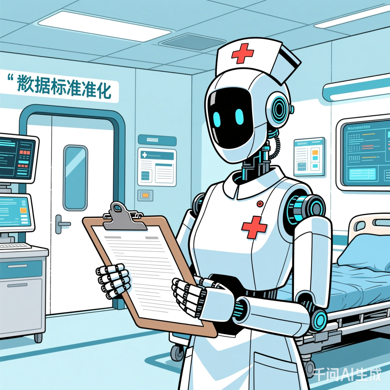 一张手绘的未来医院场景，机器人护士拿着纸质病历