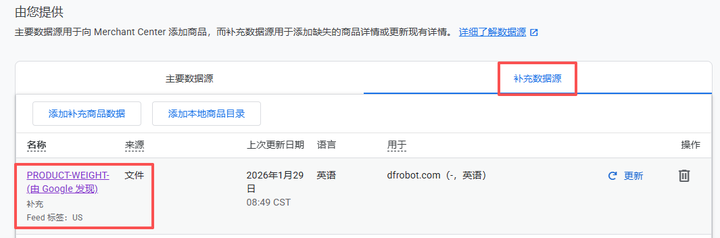 图5 gmc中，通过接口在补充数据源中添加产品重量，解决了产品因缺少运送包裹总重：[shipping_weight]，使产品受限，进而影响google去展现量