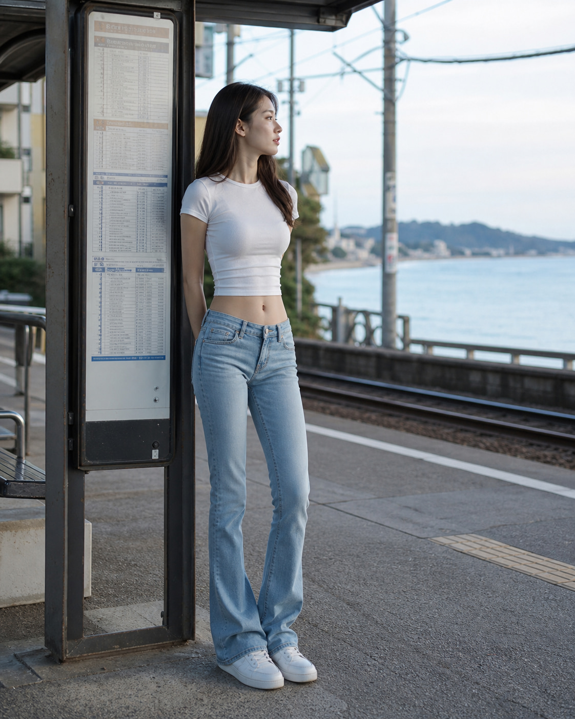 海岸电车站的亚洲成年女性浅蓝低腰牛仔裤时装摄影