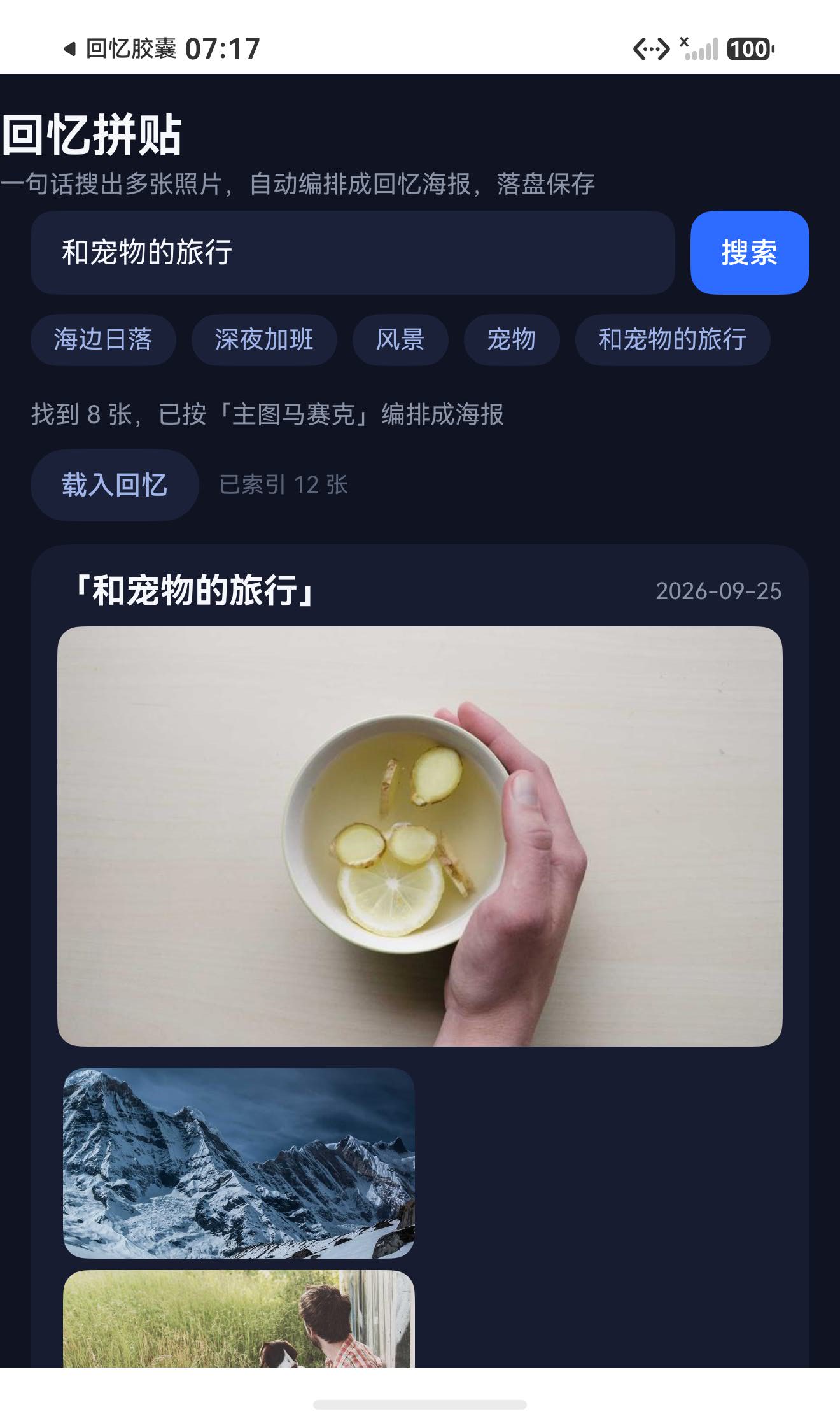 搜「和宠物的旅行」：8 张命中，主图马赛克布局，检索与编排同一次完成