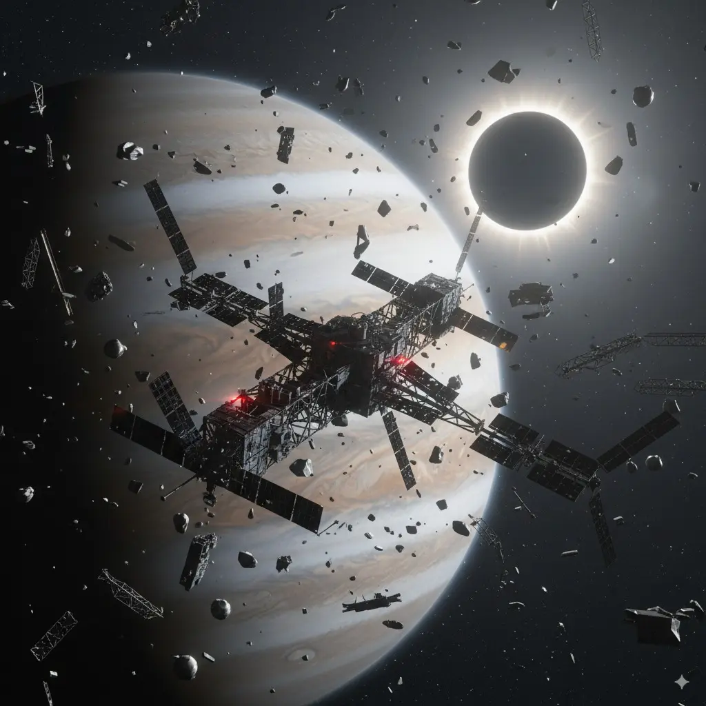 abandoned space station orbiting Jupiter