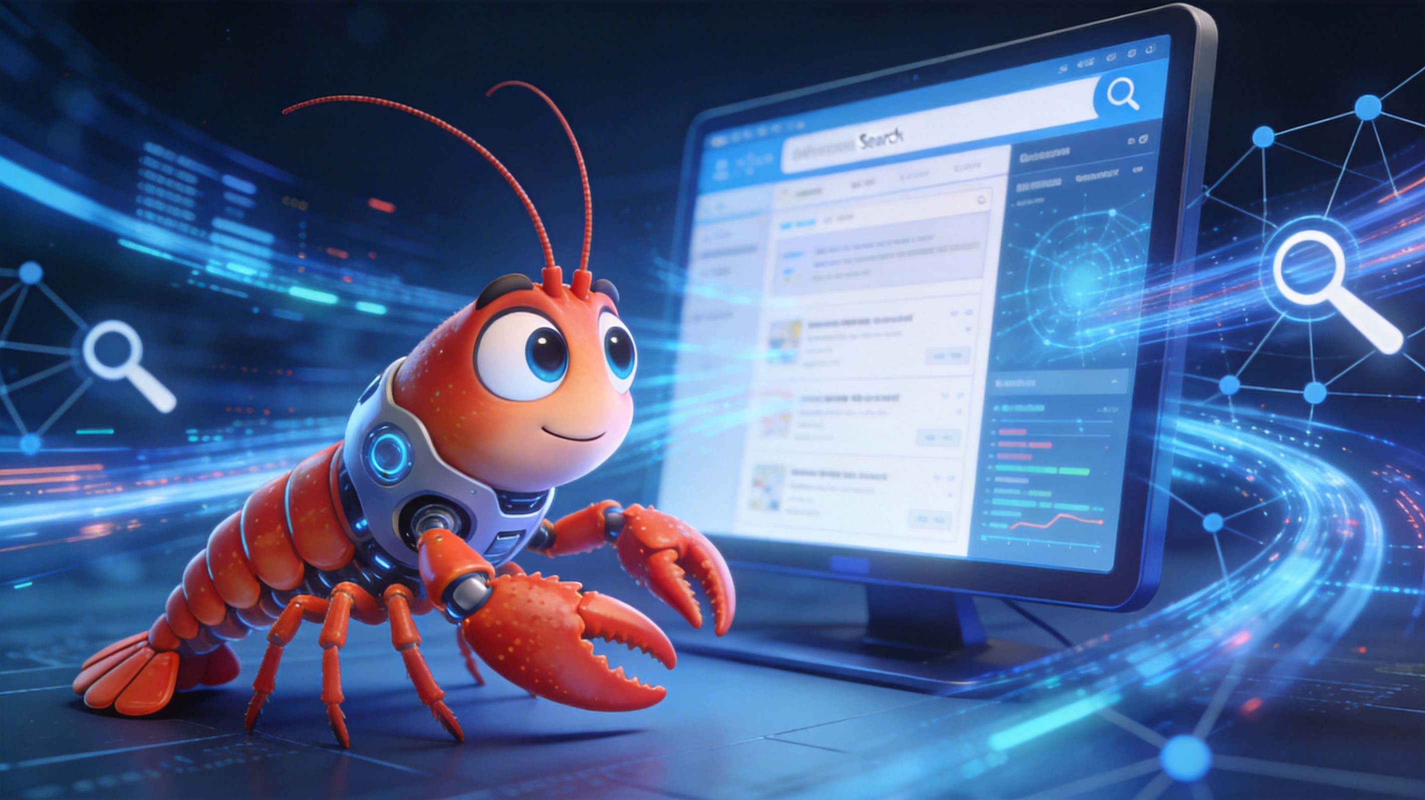 AI实时信息搜索 - 展示小龙虾睁大眼睛看着屏幕获取实时信息的场景,象征AI的联网搜索能力