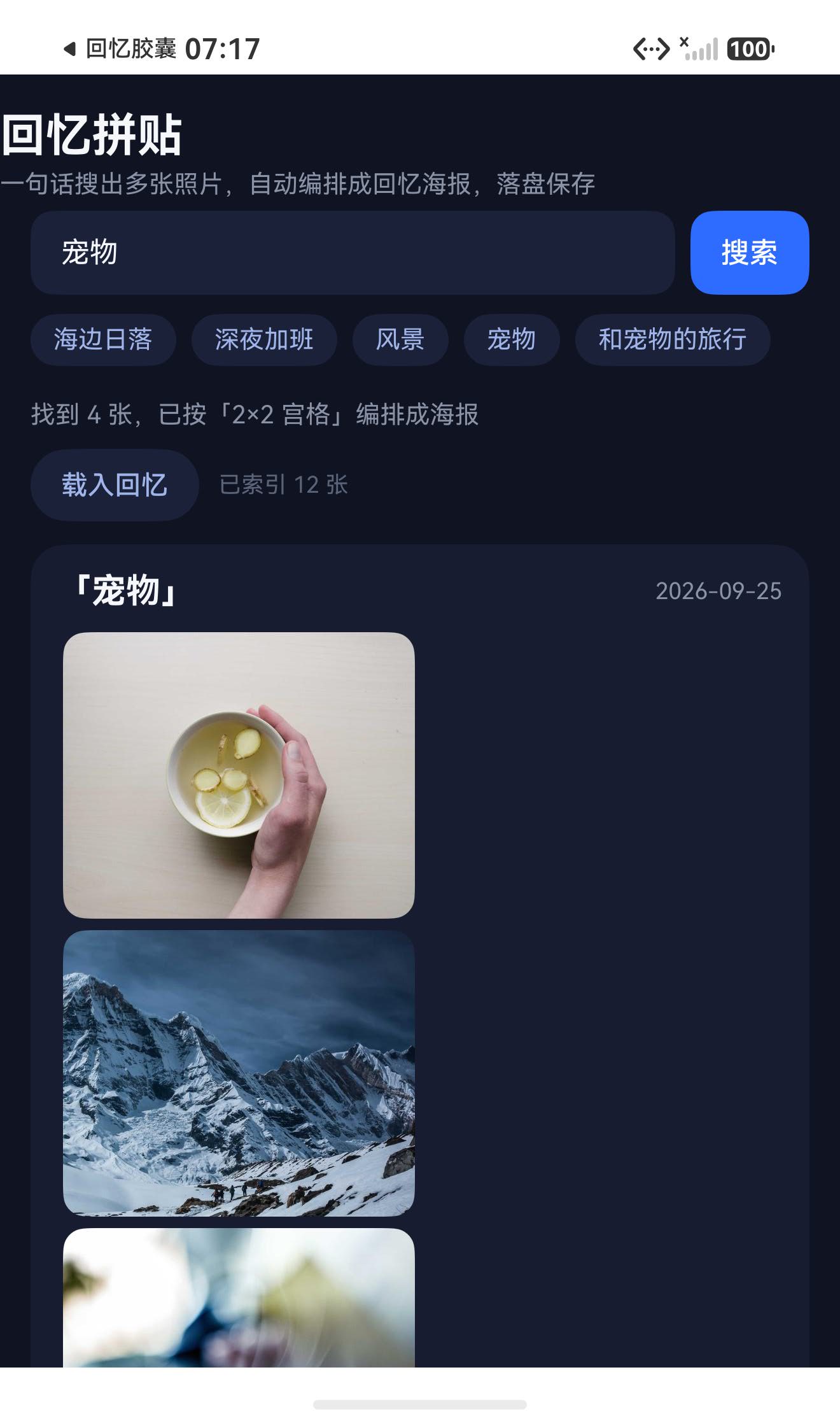 搜「宠物」：4 张命中，quadBody 渲染的 2×2 宫格海报