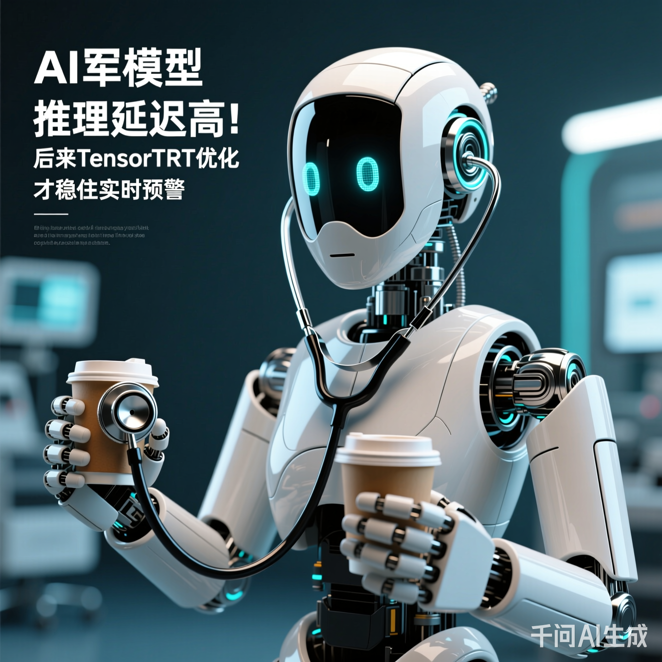 AI机器人拿着听诊器和咖啡杯